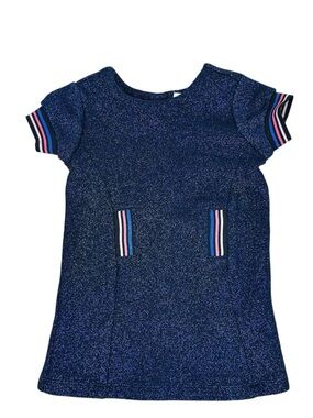 Petit Lem Navy Sparkle Short Sleeve Pocket Dress with Stripe Trim